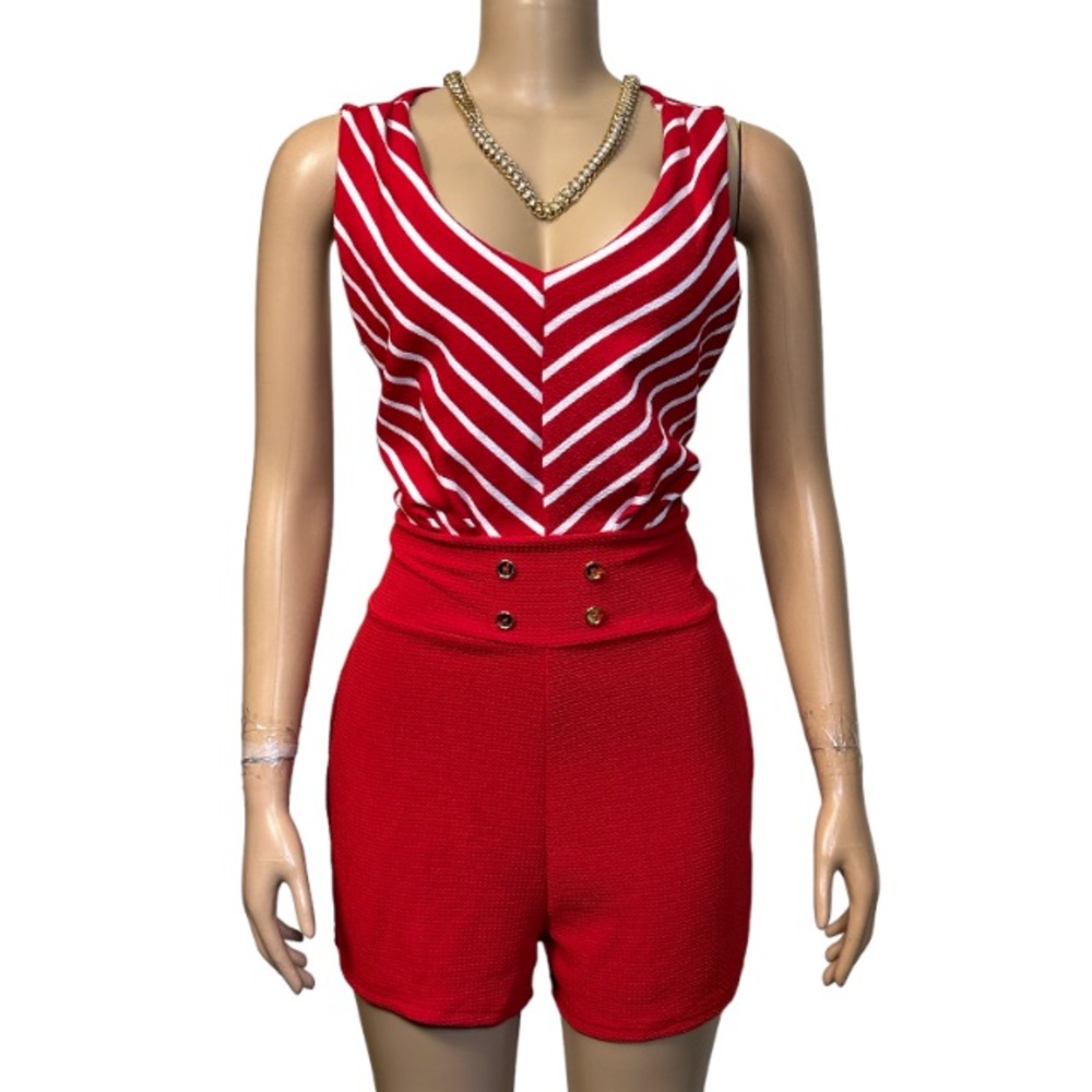 Retro 90s Love Romper Nautical Striped Sleeveless, Red White size XL